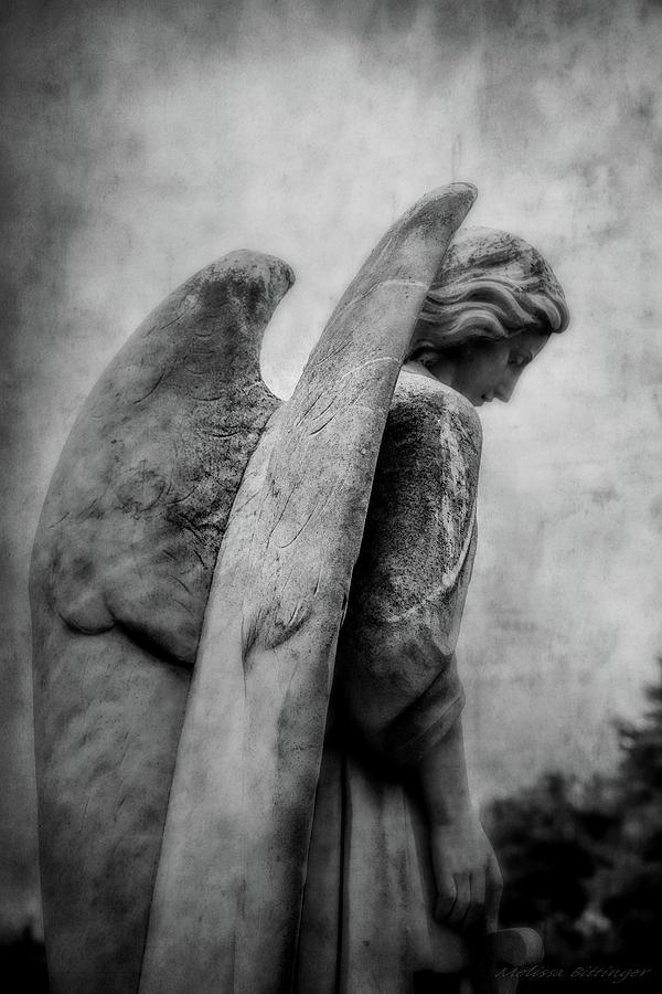 Black and White Cemetery Guardian Angel Wings Photograph by Melissa Bittinger