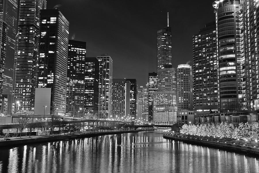 Chicago Photograph - Black and White Chicago Lights by Frozen in Time Fine Art Photography