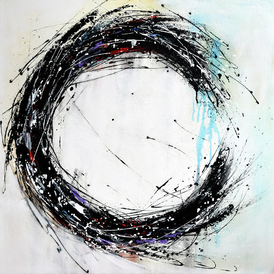 Black and white circle painting on canvas, hand painted minimalist