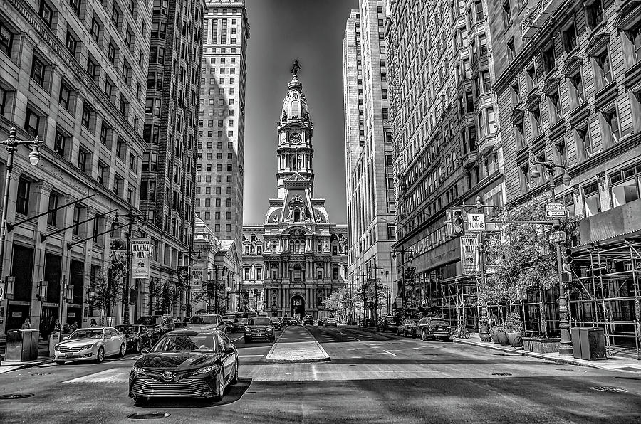 Black and White - City Hall on Broad Street Philadelphia Photograph by Bill Cannon