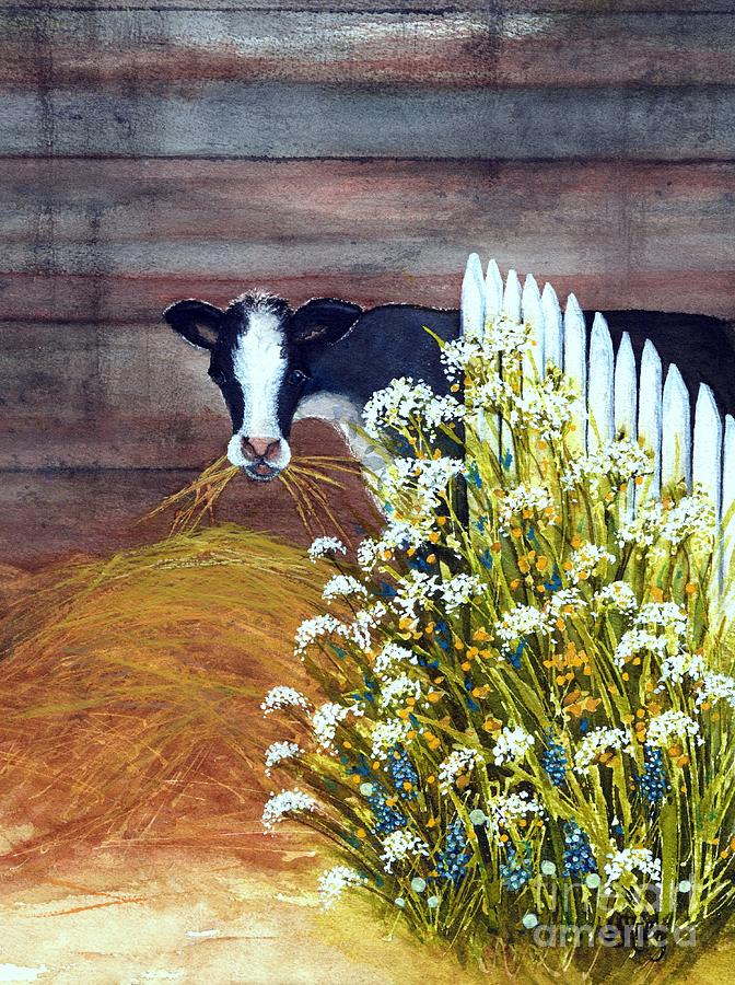Black and White Dairy Cow - Hay there   Painting by Janine Riley