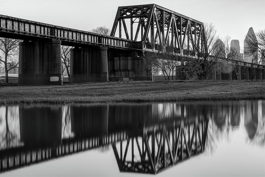 Dallas Photograph - Black and White Dallas Bridge and Skyline Reflections by Gregory Ballos
