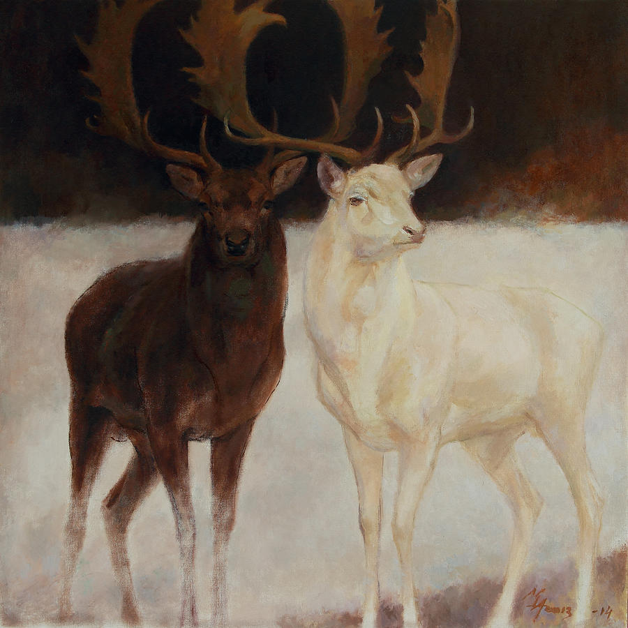 Black and White Fallow Deers Painting by Attila Meszlenyi