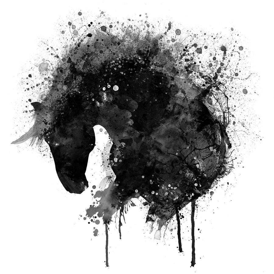 Black and White Horse Head Watercolor Silhouette Painting by Marian Voicu