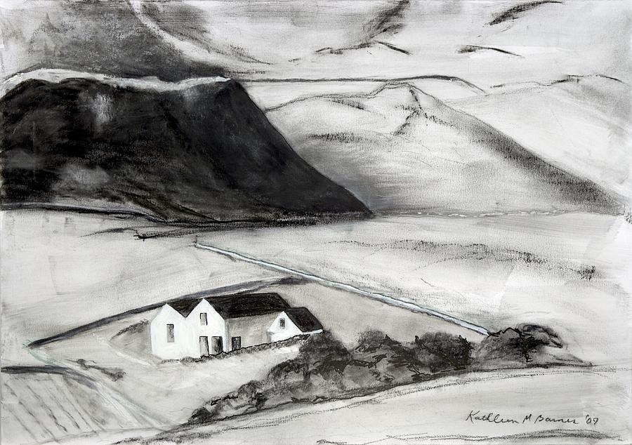 Black and White House and Hills Painting by Kathleen Barnes