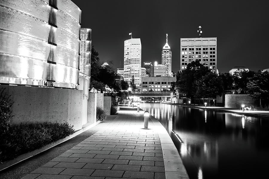 Black and White Indianapolis Skyline From The Canal Photograph by Gregory Ballos