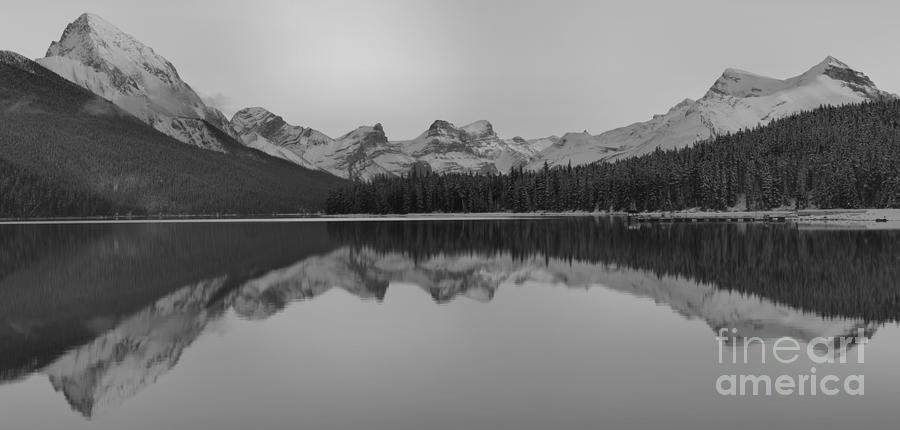 Black And White Maligne Lake Reflections Photograph by Adam Jewell