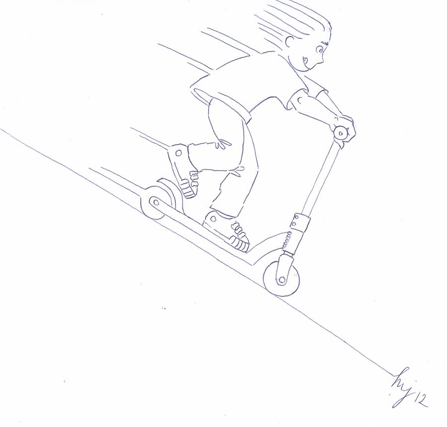 Black and White Micro Scooter Downhill Drawing Drawing by Mike Jory
