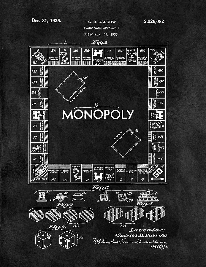 Black And White Monopoly Game Patent Mixed Media by Dan Sproul