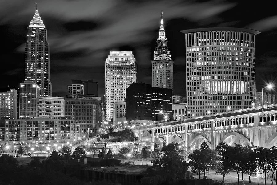 Cleveland Photograph - Black and White Night in the Big City by Frozen in Time Fine Art Photography