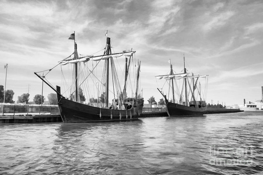 Black and White Nina and Pinta Replica Ships Photograph by Nikki Vig