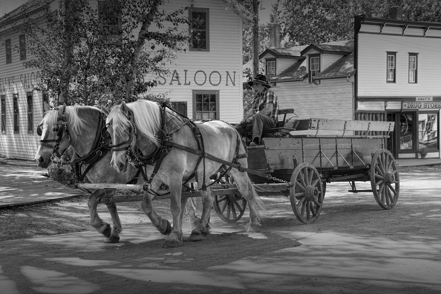 Black And White Photograph - Black and White of a Team of Horses drawing a Wagon by Randall Nyhof