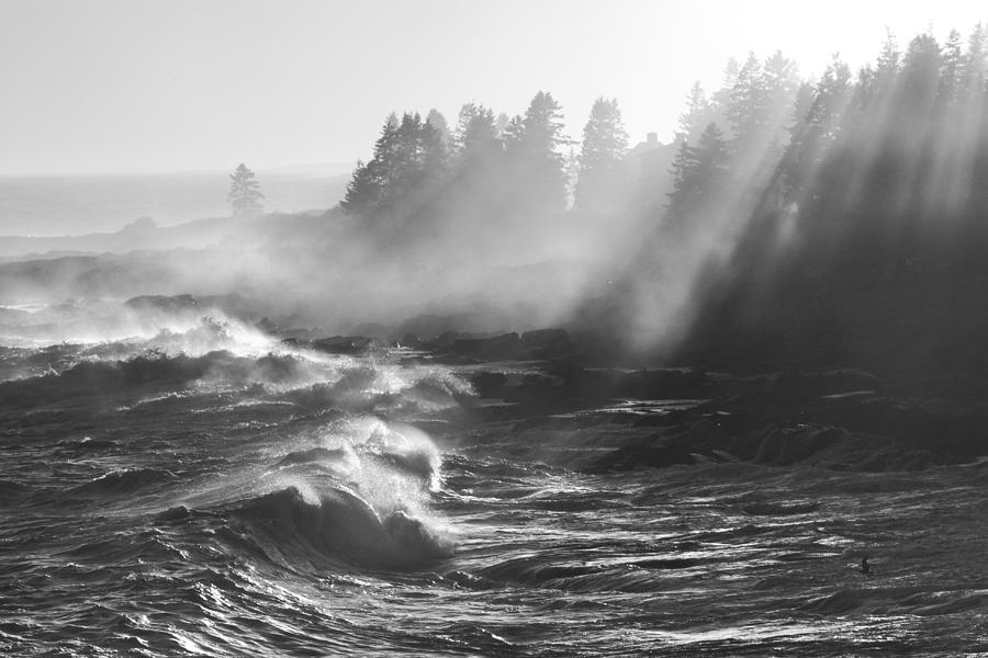 Black and White of Large Waves Lightbeams Pemaquid Point Maine Photograph by Keith Webber Jr