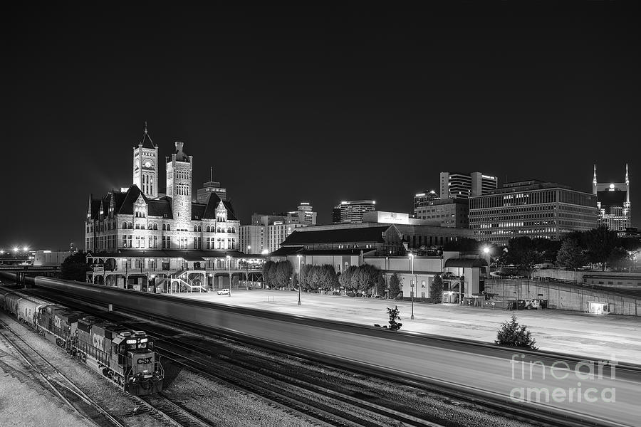 Black And White Of Union Station And Nashville Tn Skyline With Train Photograph