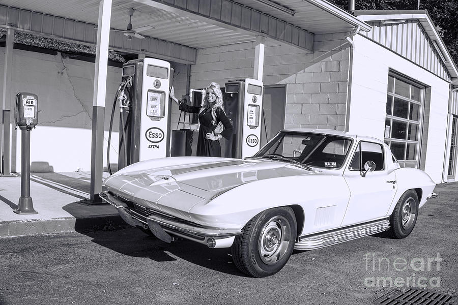 black and white Old time service station with 1967 corvette model Ally Darst Photograph by Dan Friend