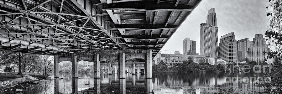 Austin Photograph - Black and White Panorama of Downtown Austin Skyline Under the Bridge - Austin Texas  by Silvio Ligutti