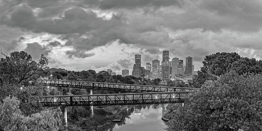 Black and White Panorama of Downtown Houston and Buffalo Bayou from the Studemont Bridge - Texas Photograph by Silvio Ligutti