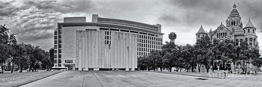 Black and White Panorama of JFK Memorial and Old Red Museum - Dallas Texas Photograph by Silvio Ligutti