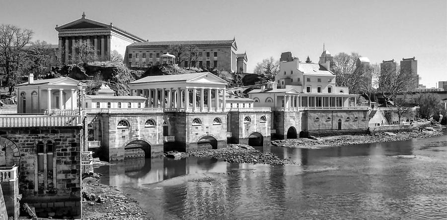 Black and White Philadelphia Waterworks and Art Museum Panorama Photograph by Bill Cannon