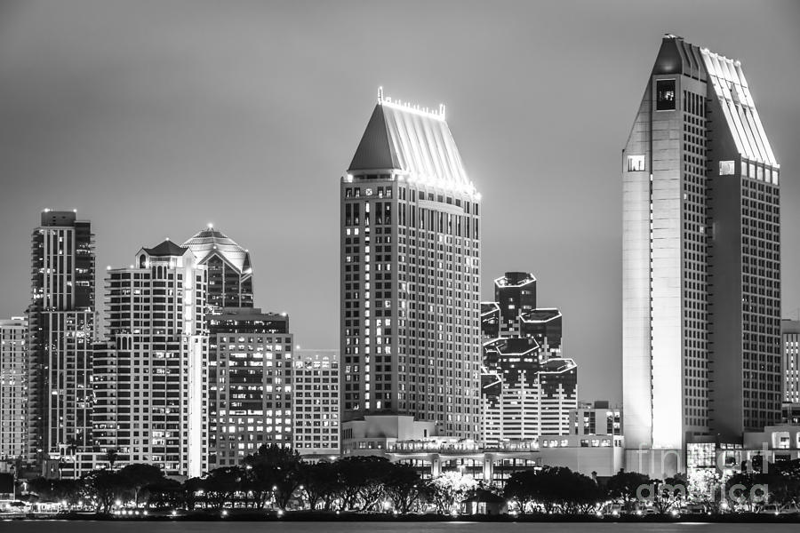 Black And White Picture Of San Diego Night Skyline Photograph