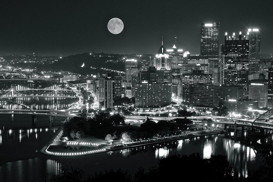 Black and White Pittsburgh Full Moon Photograph by Frozen in Time Fine Art Photography