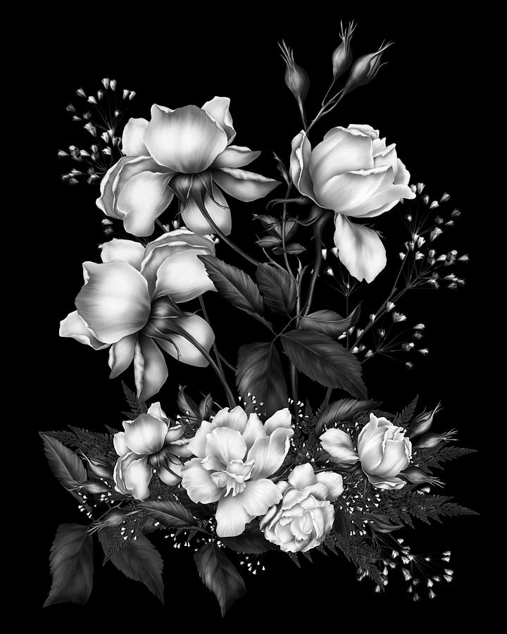 Rose Digital Art - Black and White Roses On Black by Georgiana Romanovna