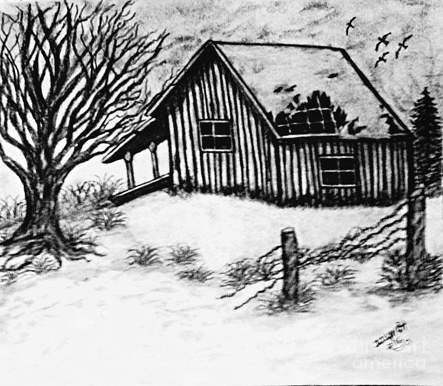 Black And White Rustic Cabin Drawing by Debra Lynch