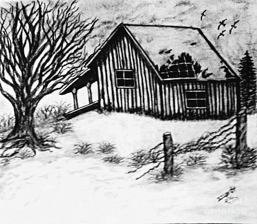 Black and White Rustic Cabin Drawing by Debra Lynch - Fine Art America