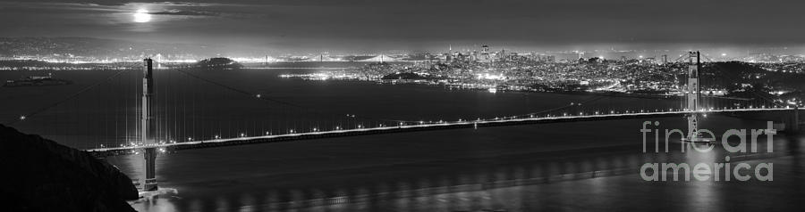 Black And White San Francisco Full Moon Panorama Photograph by Adam Jewell