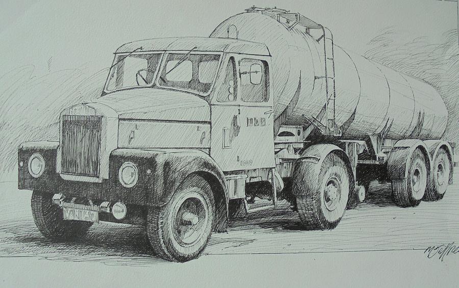 Black and white Scammell. Drawing by Mike Jeffries