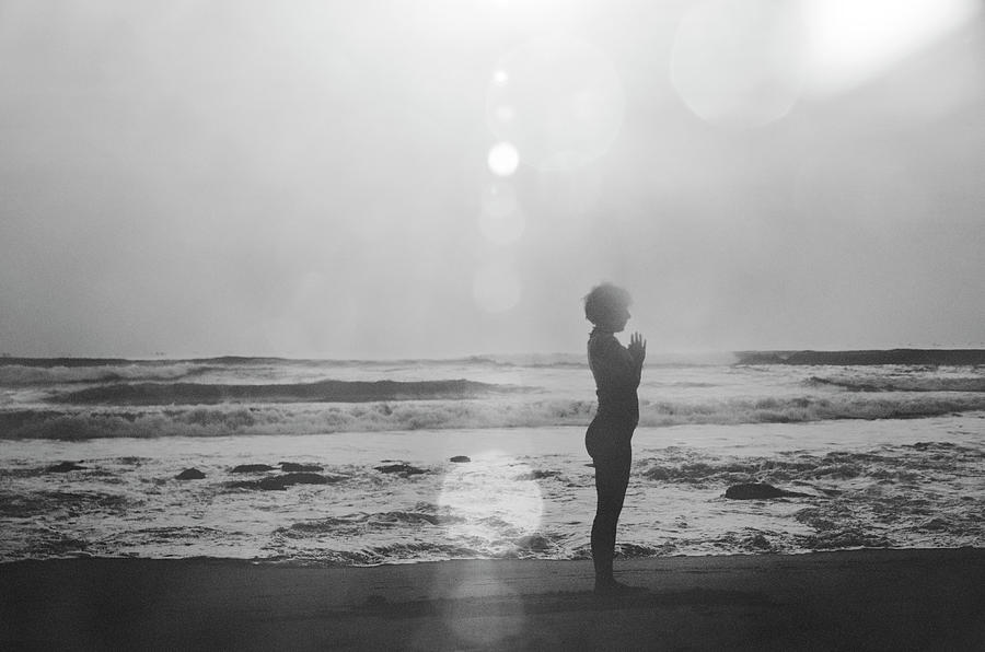 Black And White Silhouette Of A Girl Practicing Yoga On The Beach By The Sea Photograph By Srdjan Kirtic