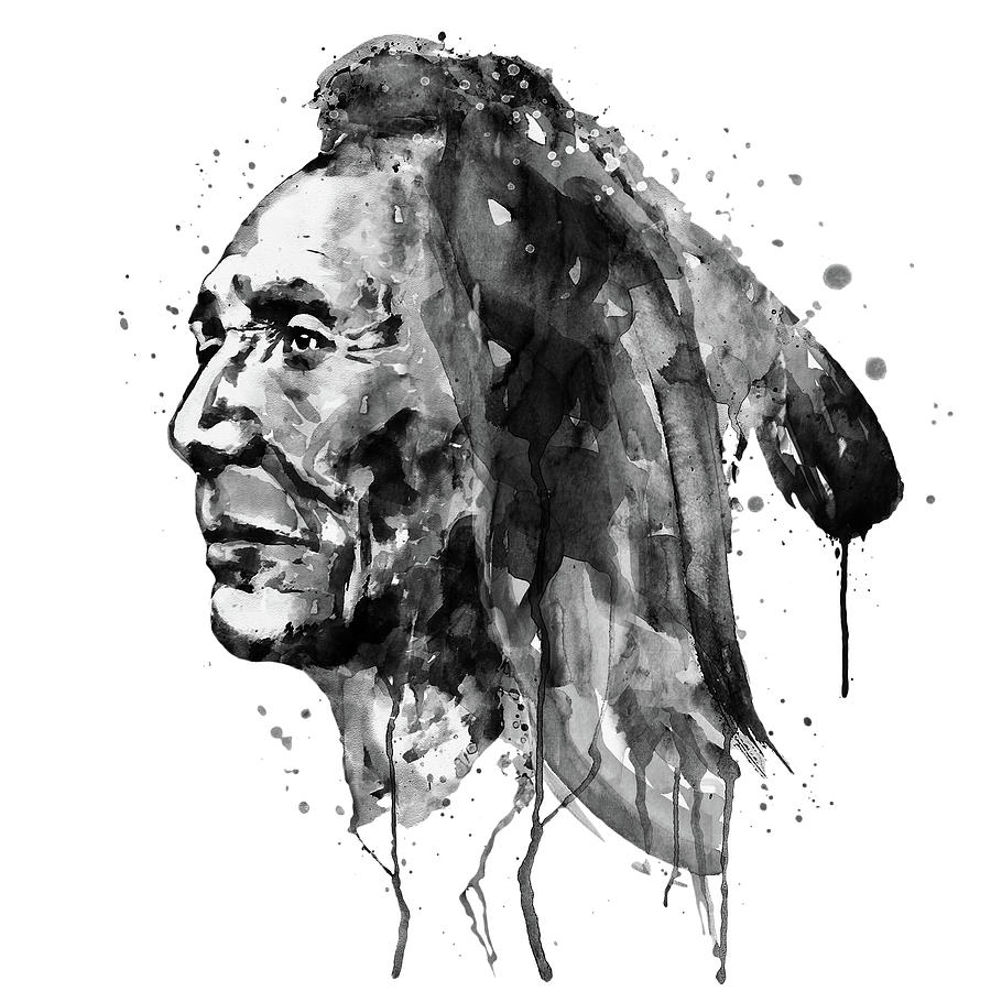 Black and White Sioux Warrior Watercolor Painting by Marian Voicu