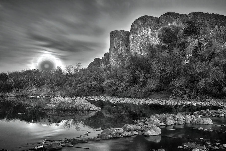 Black and White Super Moon Rise over the Salt River Arizona Photograph by Dave Dilli