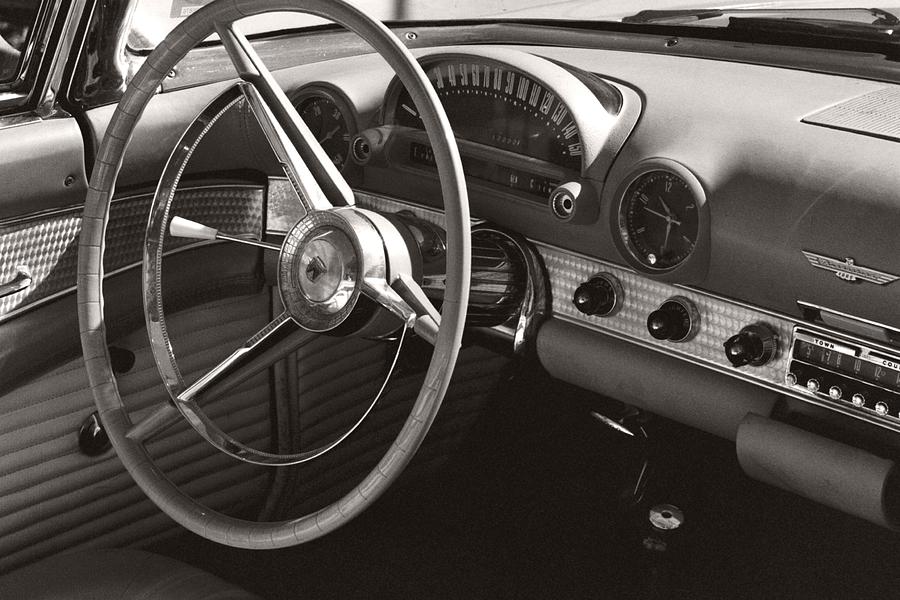 Black and White Thunderbird Steering Wheel and Dash Photograph by Heather Kirk
