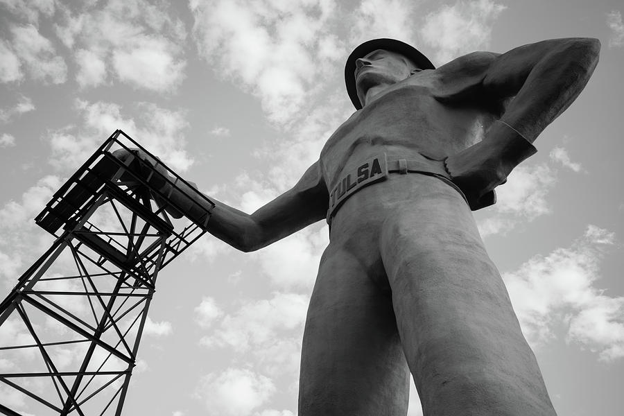 Black and White Tulsa Driller Statue Art Photograph by Gregory Ballos