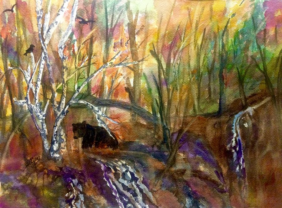 Black Bear in Autumn Woods Painting by Ellen Levinson
