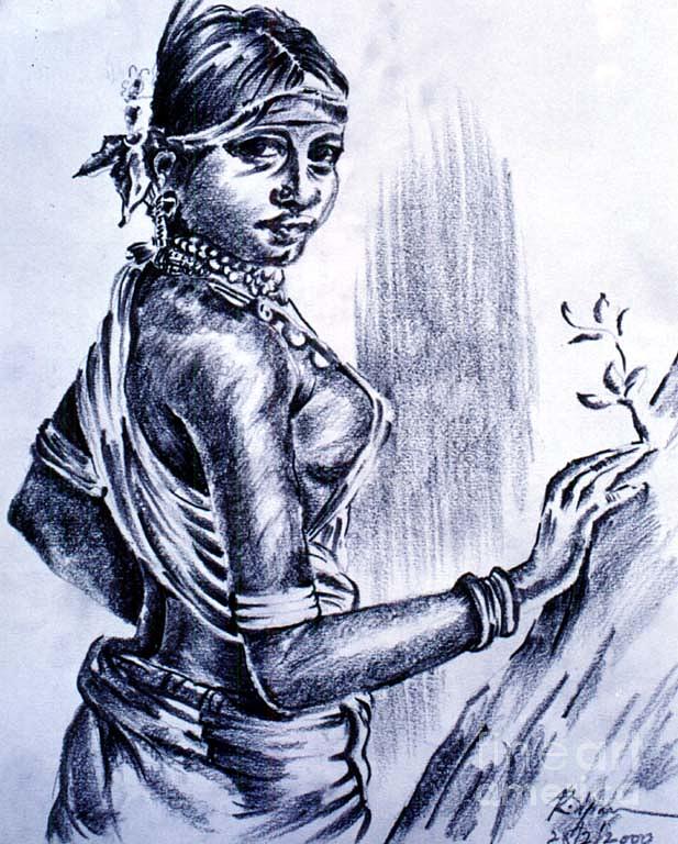 Black Beauty - Tribal Woman Drawing by Aparna Pottabathni