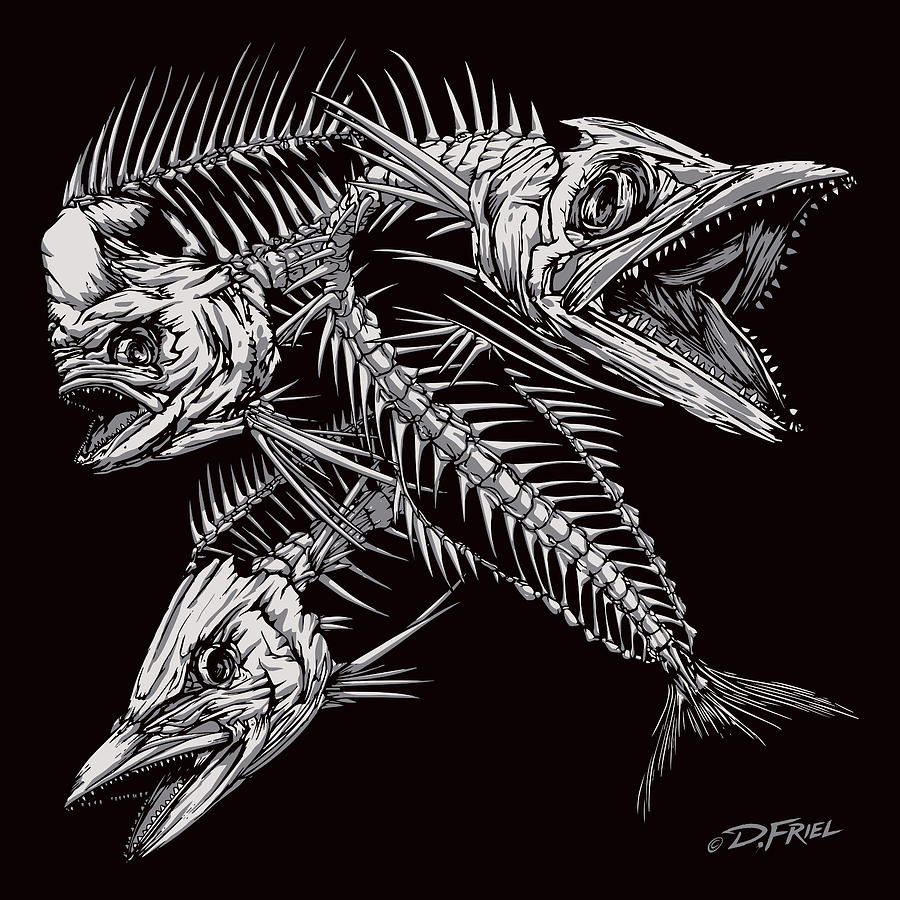 Fish Skeleton Bone on Black 28 in x 60 in Painting Art Prints, by Designart