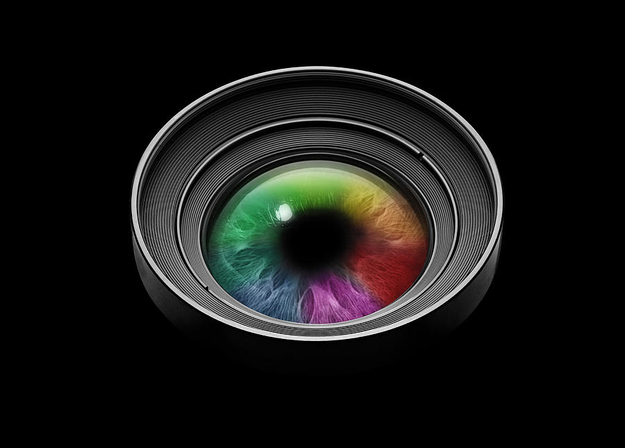 Abstract Photograph - Black camera lens with multicolored eye  by Bombaert Patrick