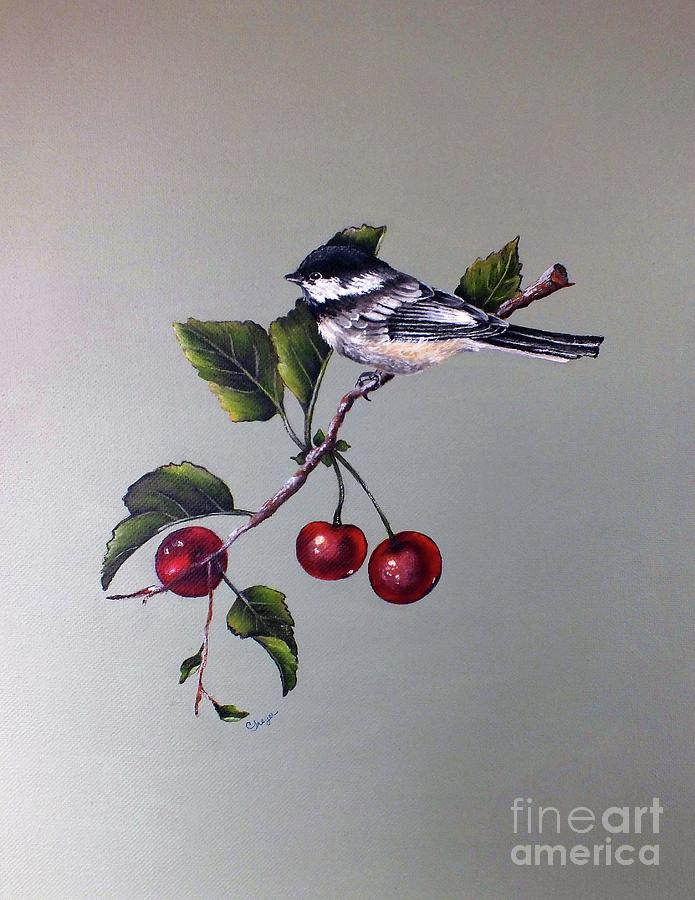 Black-capped Chickadee And Cherries - Acylic Painting Painting by Cindy Treger