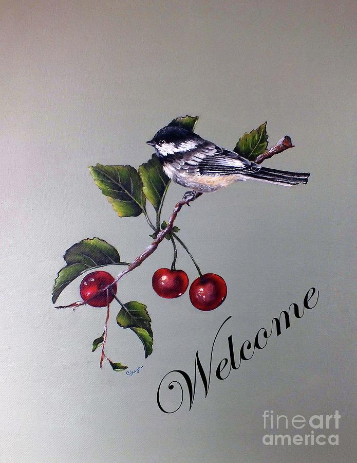 Black-capped Chickadee And Cherries - Welcome Sign Photograph