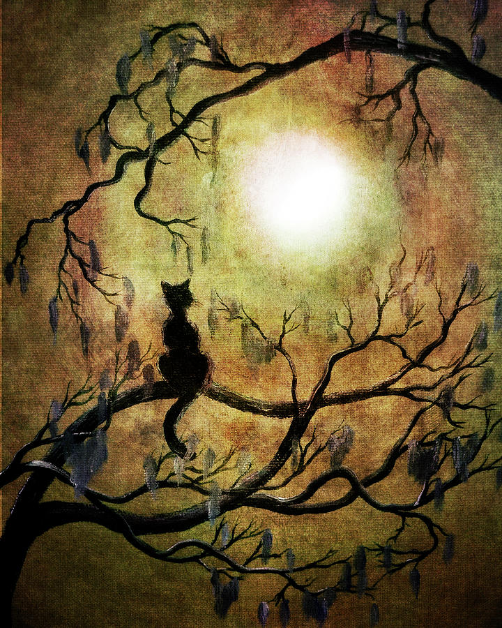 Halloween Digital Art - Black Cat and Full Moon by Laura Iverson