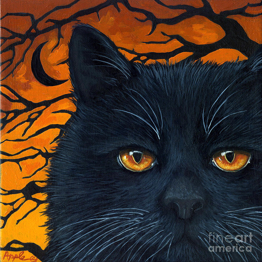 BLACK CAT and MOON Painting by Linda Apple