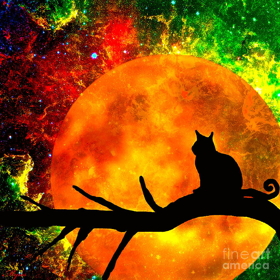 Cat Painting - Black Cat Harvest Moon by Saundra Myles