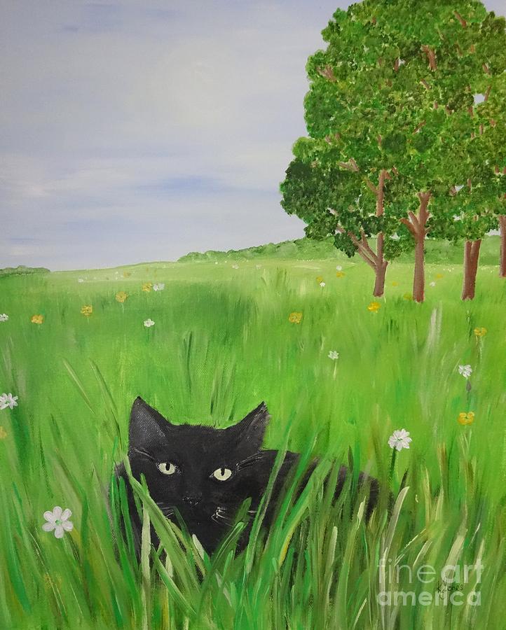 Black cat in a meadow Painting by Karen Jane Jones