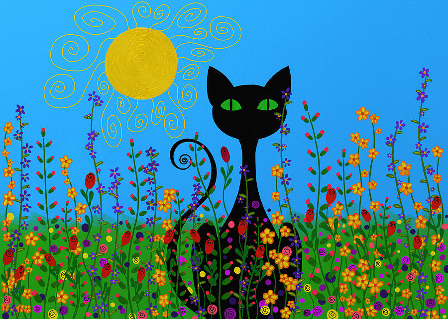 Flower Digital Art - Black Cat In Flowers by SharaLee Art