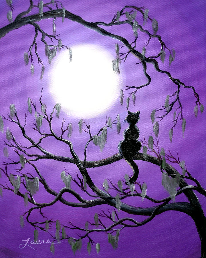 Black Cat In Mossy Tree Painting