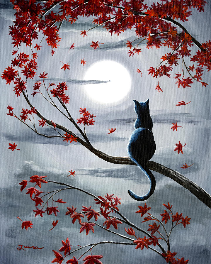 Black Cat in Silvery Moonlight Painting by Laura Iverson