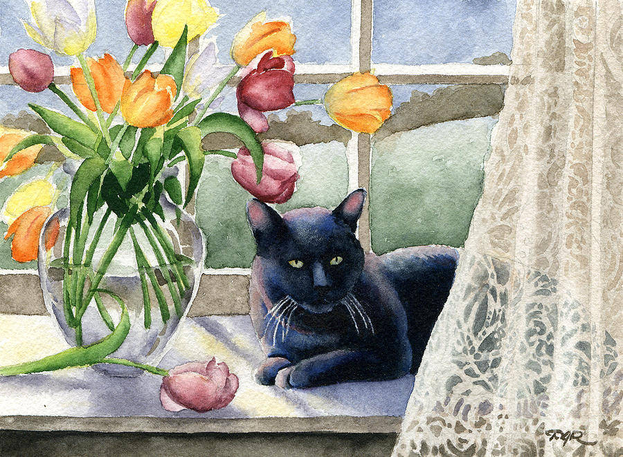 Tulip Painting - Black Cat In The Window by David Rogers