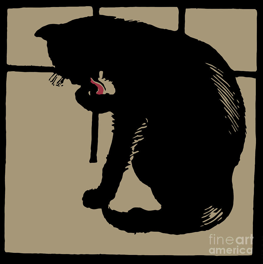 Black cat modern woodcut style Drawing by Heidi De Leeuw